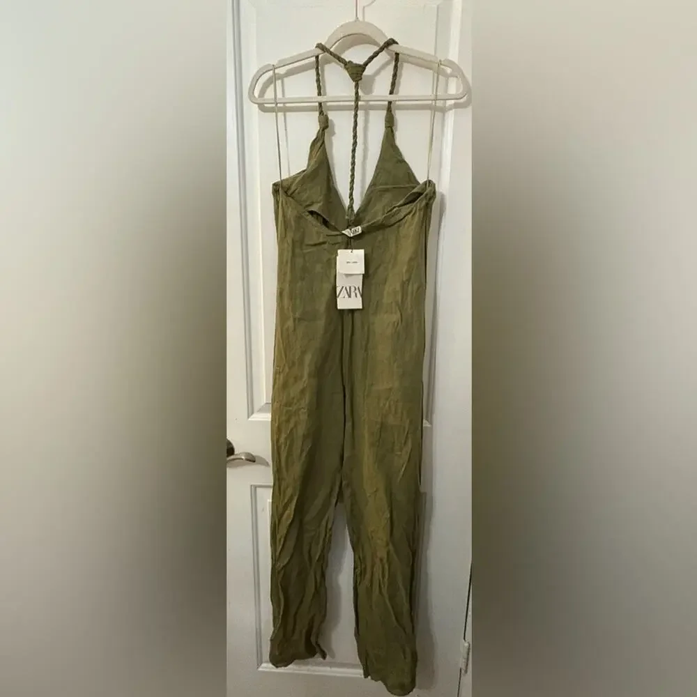 Nwt- ZARA- WOVEN STRAP PALAZZO JUMPSUIT-100% Linen-M